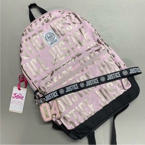 Justice Backpack Girls Metallic Pink Monogram Logo Free Lanyard Front Pocket Bag